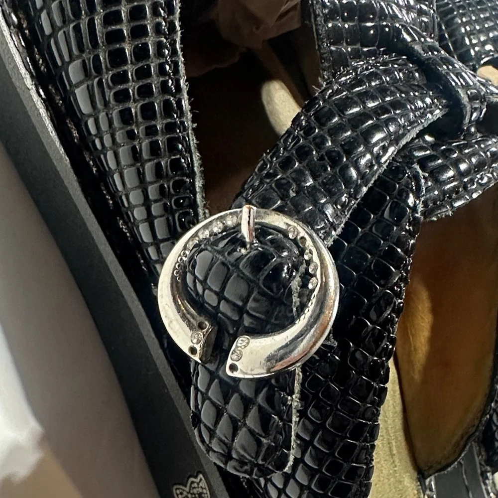 Alegria Black snakeskin Glossy Mary Jane slip on clogs w adjustable side strap - Picture 10 of 11